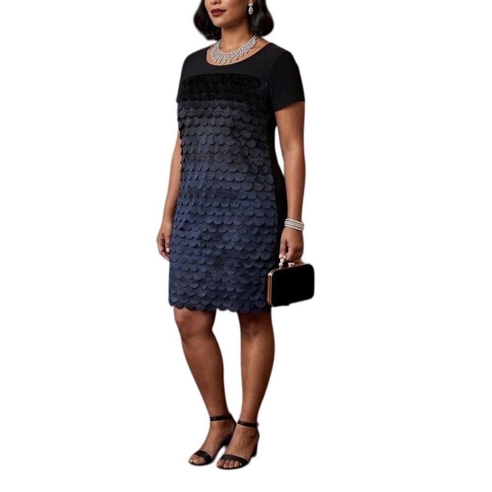 Magaschoni Tiered Mermaid Scale Scalloped Front Knit Back Shift Dress Size Large